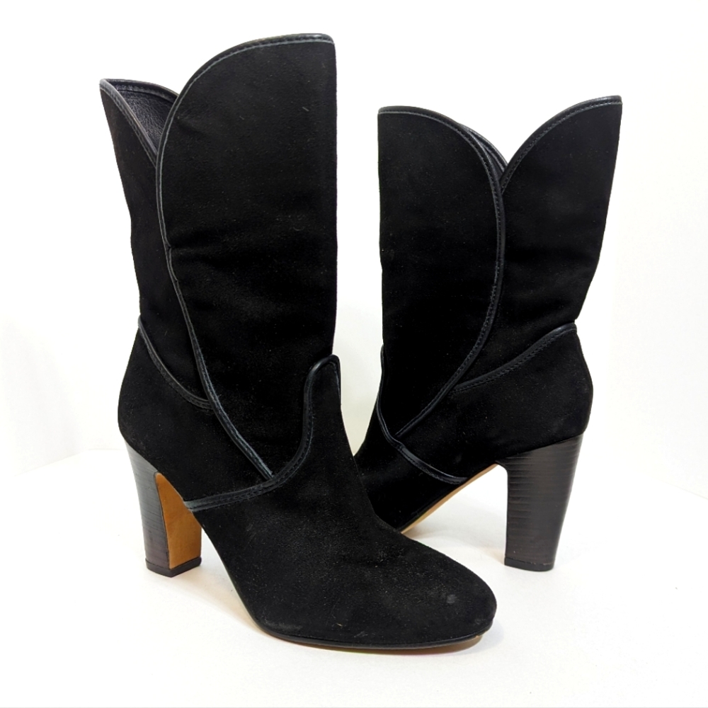 Rosegold Black Suede Leather Trim Heeled Mid Calf Boots 37.5 or US 7.5